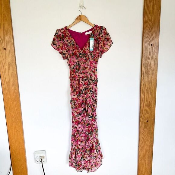 Astr the Label Vilma Floral Ruched Ruffle Detail Asymmetrical Hem Midi Dress - Picture 2 of 16